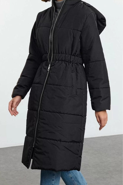 Design Plain Lined Collar Long Oversize Sheer Women's Oversize Hooded Elastic Waist Long Coat