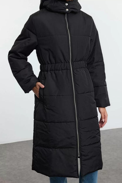 Design Plain Lined Collar Long Oversize Sheer Women's Oversize Hooded Elastic Waist Long Coat