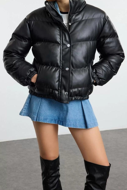 Design Plain Lined Collar Standard Oversize Judge Women's Oversize Faux Leather Puffer Jacket