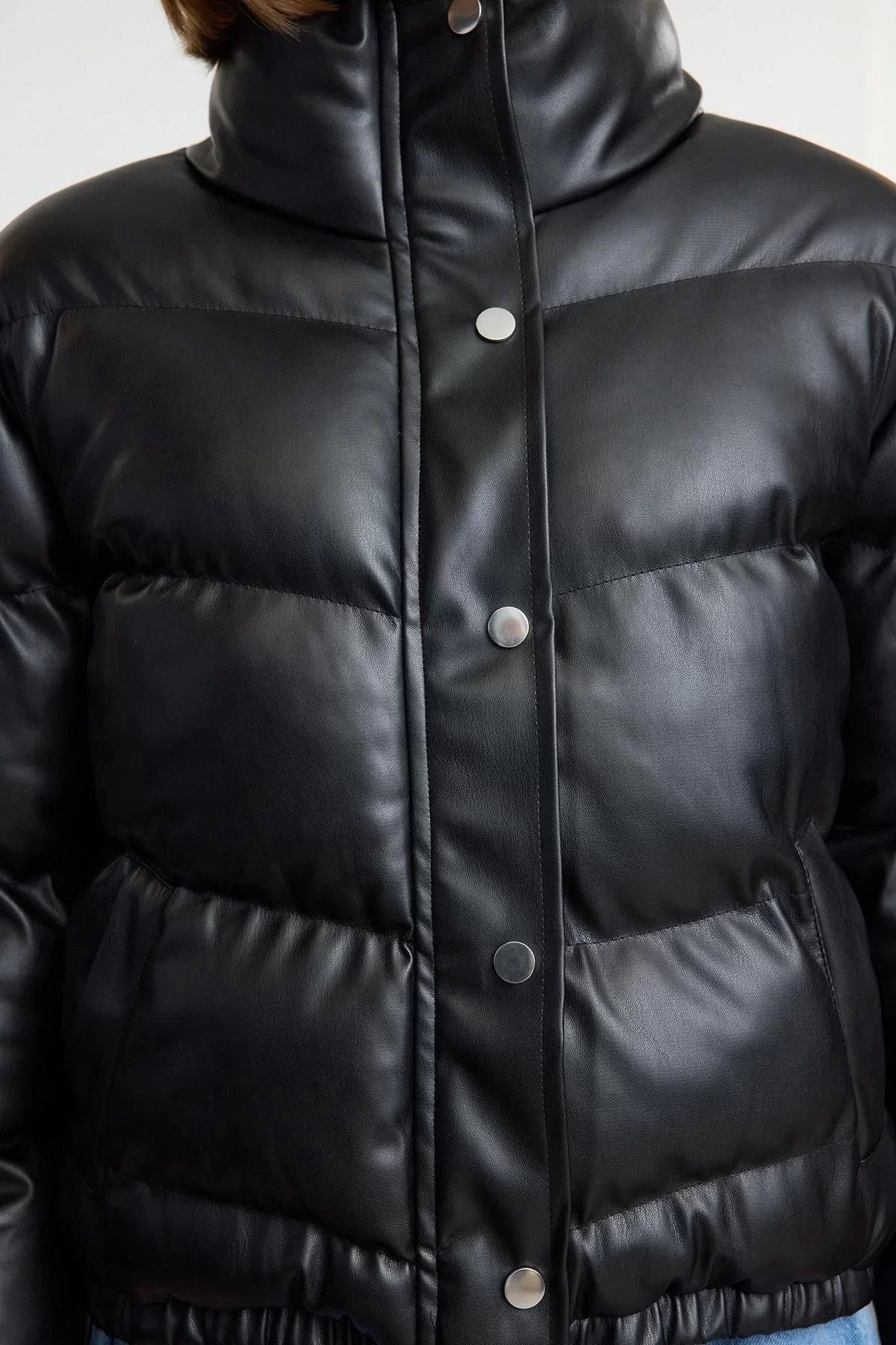 Design Plain Lined Collar Standard Oversize Judge Women's Oversize Faux Leather Puffer Jacket