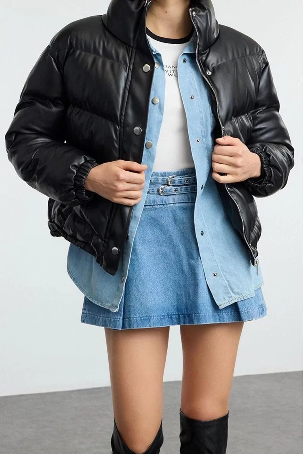 Design Plain Lined Collar Standard Oversize Judge Women's Oversize Faux Leather Puffer Jacket