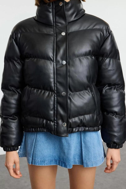 Design Plain Lined Collar Standard Oversize Judge Women's Oversize Faux Leather Puffer Jacket