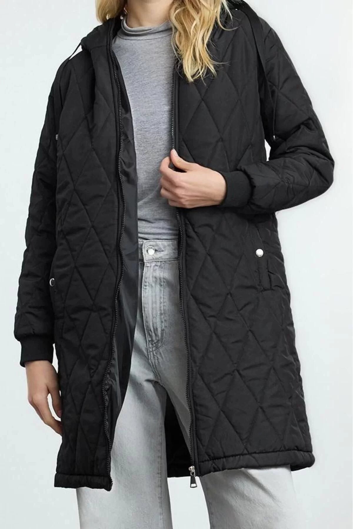 Design Plain Lined Collar Midi Regular Hooded Women's Regular Hooded Quilted Coat