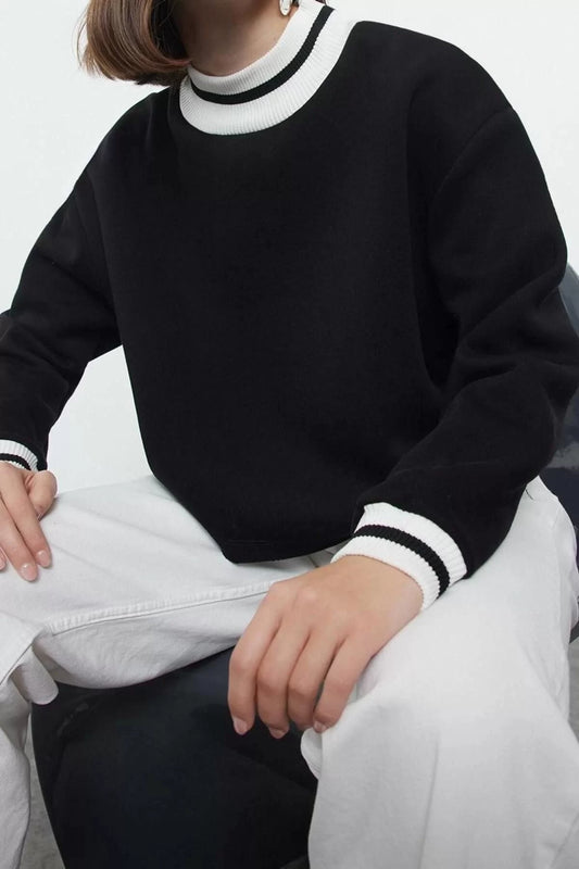 Crew Neck Low Sleeve Crop Relaxed Fit Knitwear Collar Fleece Inside Thick Knitted Sweatshirt