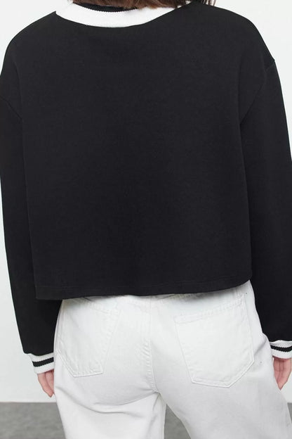 Crew Neck Low Sleeve Crop Relaxed Fit Knitwear Collar Fleece Inside Thick Knitted Sweatshirt