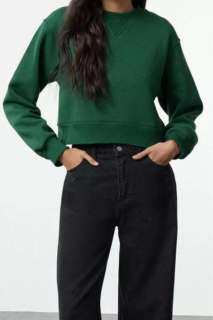 Crew Neck Low Sleeve Crop Thick Polar Fleece Wide Cut Crop Basic Knitted Sweatshirt