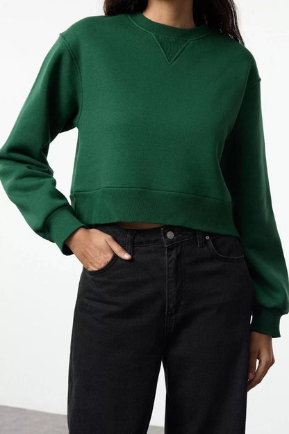 Crew Neck Low Sleeve Crop Thick Polar Fleece Wide Cut Crop Basic Knitted Sweatshirt