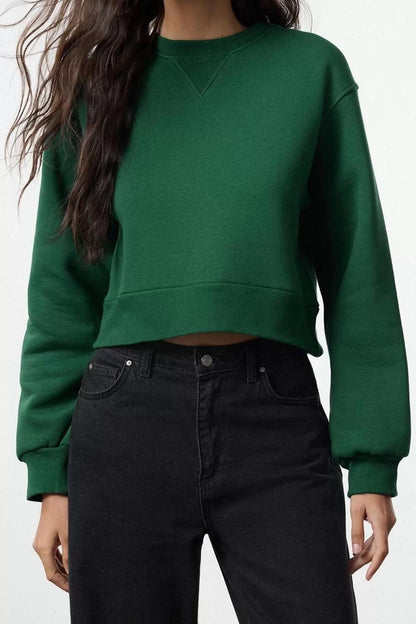 Crew Neck Low Sleeve Crop Thick Polar Fleece Wide Cut Crop Basic Knitted Sweatshirt