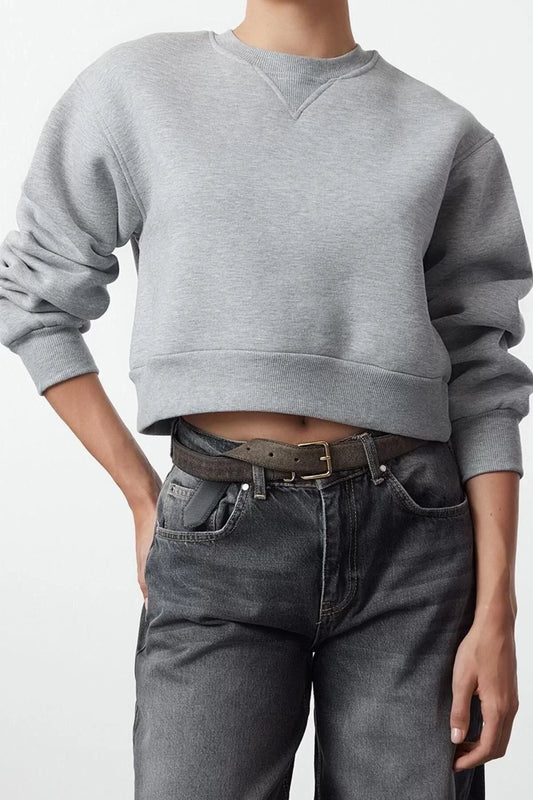 Crew Neck Low Sleeve Crop Thick Polar Fleece Wide Cut Crop Basic Knitted Sweatshirt