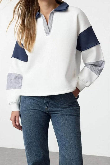 Style Loose Polo Neck Low Sleeve Long Woven Garnish Wide Pattern Knitted Sweatshirt