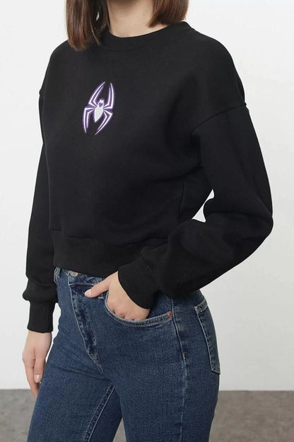 Crop Crew Neck Low Sleeve Crop Spider Printed Regular Fit Thick Polar Fleece Knitted Sweatshirt