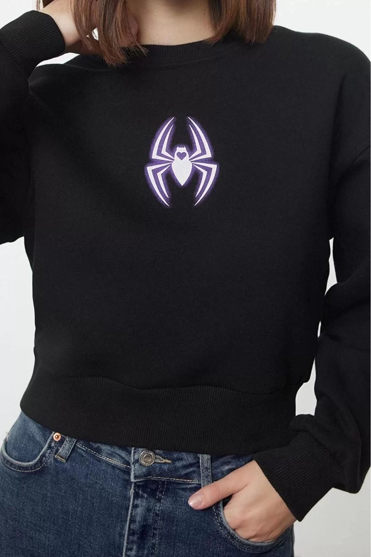 Crop Crew Neck Low Sleeve Crop Spider Printed Regular Fit Thick Polar Fleece Knitted Sweatshirt