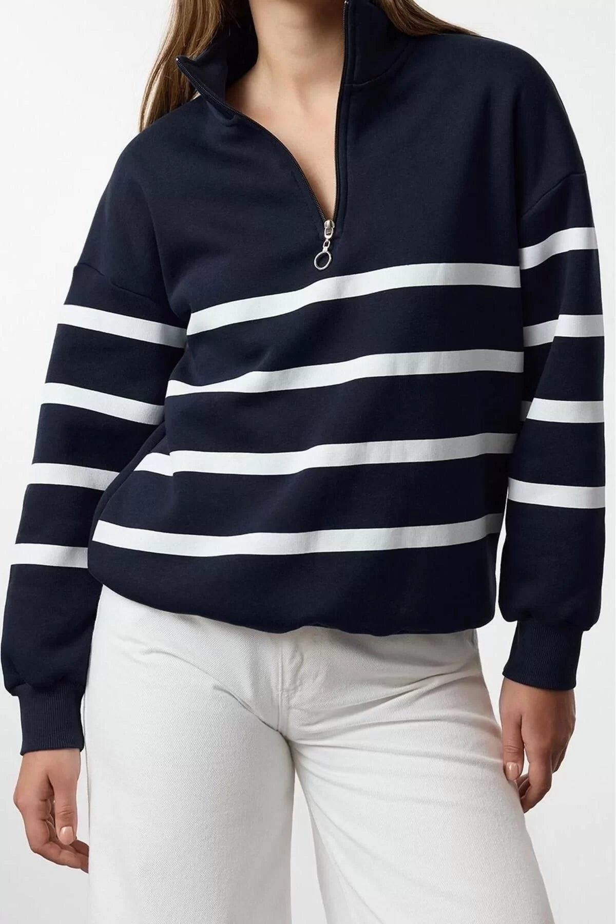 Zippered Collar Standard Sleeve Zipper Detailed Striped Regular Fit Knitted Sweatshirt