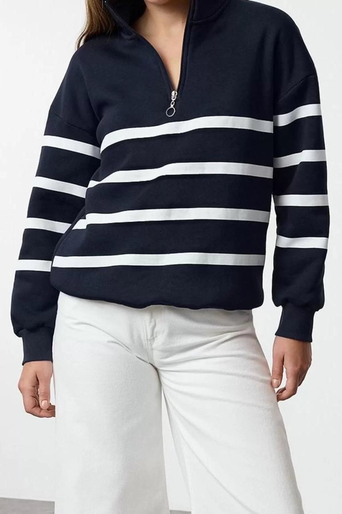 Zippered Collar Standard Sleeve Zipper Detailed Striped Regular Fit Knitted Sweatshirt