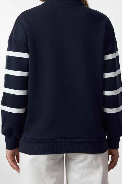 Zippered Collar Standard Sleeve Zipper Detailed Striped Regular Fit Knitted Sweatshirt