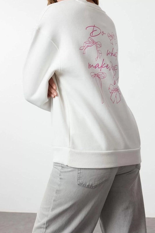 Style Loose Crew Neck Low Sleeve Long Front Back Printed Wide Pattern Knitted Sweatshirt