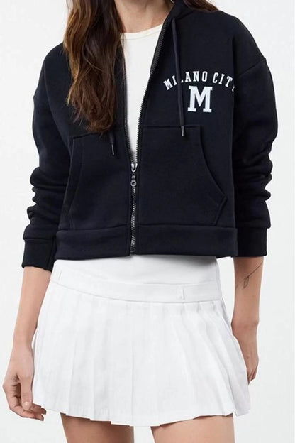 Crop Hooded Low Sleeve Crop Thick Fleece Slogan Printed Zippered Pocket Knitted Sweatshirt