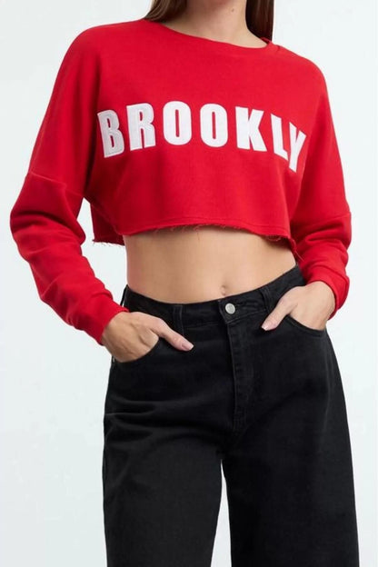 Crew Neck Low Sleeve Super Crop Applique Embroidered Super Crop Thick Knit Sweatshirt