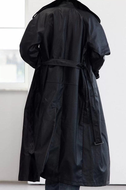 Design Plain Lined Collar Long Oversize Jacket Women Belted Oversize Faux Leather Trench Coat