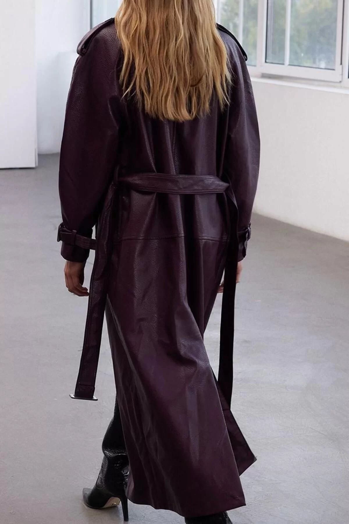 Design Plain Lined Collar Long Oversize Jacket Women Belted Oversize Faux Leather Trench Coat