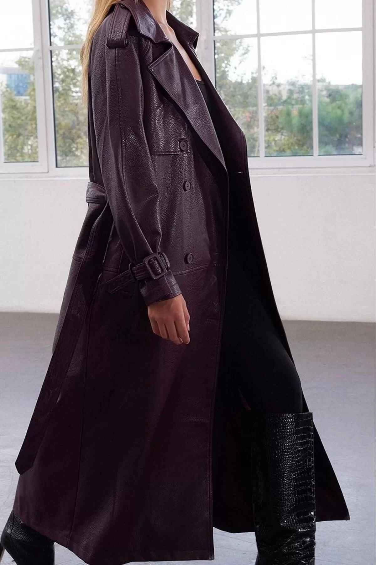 Design Plain Lined Collar Long Oversize Jacket Women Belted Oversize Faux Leather Trench Coat