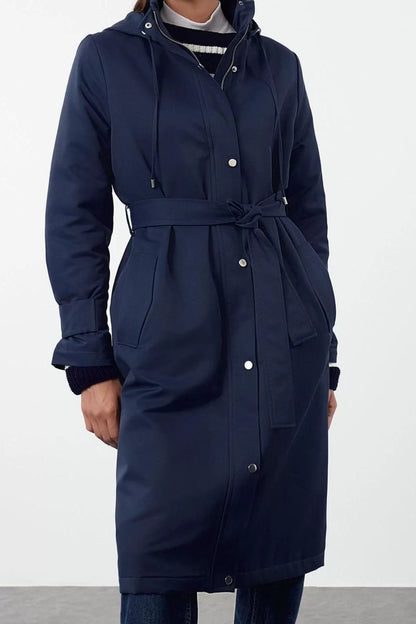 Design Plain Lined Collar Long Oversize Hooded Women's Fiber Lined Oversize Thick Trench Coat