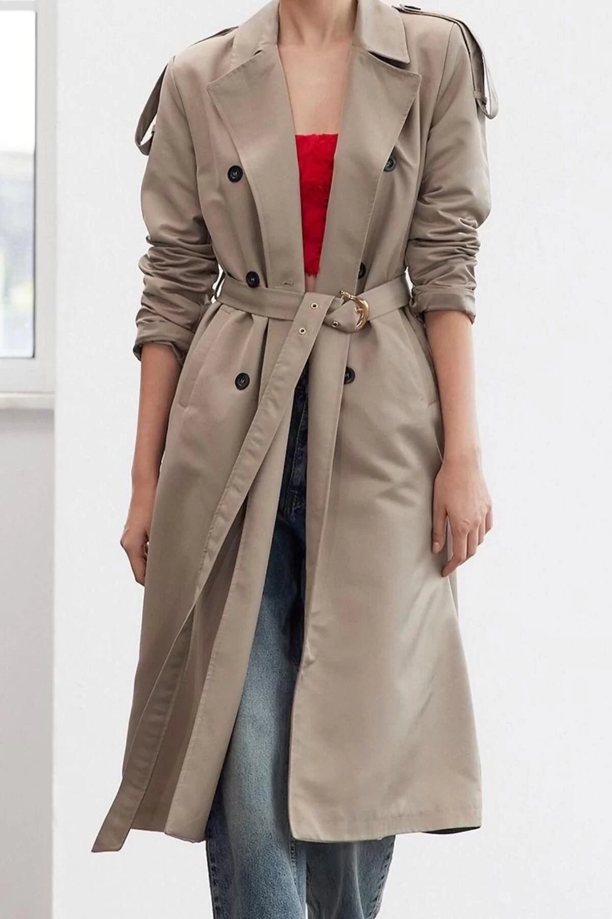 Design Plain Unlined Collar Long Regular Jacket Women Belted Regular Long Trench Coat