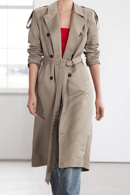 Design Plain Unlined Collar Long Regular Jacket Women Belted Regular Long Trench Coat