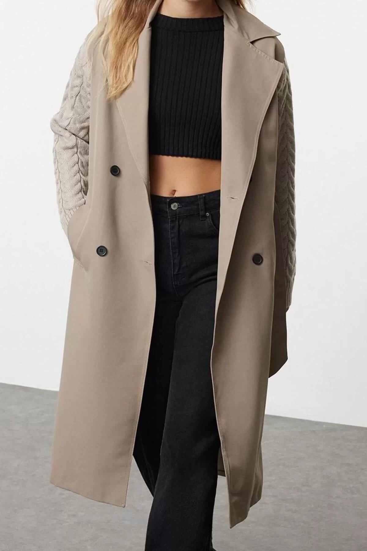 Design Plain Lined Collar Long Regular Jacket Women's Sleeves Knitwear Detailed Regular Long Trench Coat