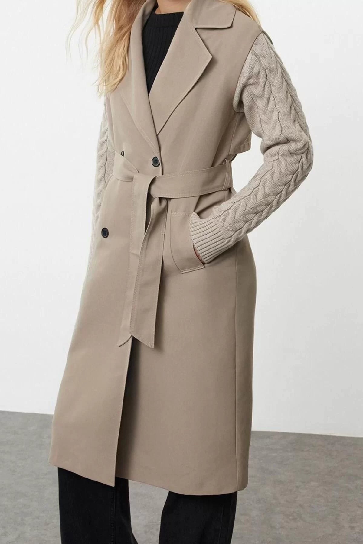 Design Plain Lined Collar Long Regular Jacket Women's Sleeves Knitwear Detailed Regular Long Trench Coat