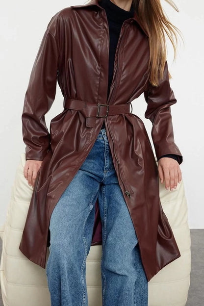 Design Plain Lined Collar Long Regular Jacket Women Faux Leather Regular Trench Coat