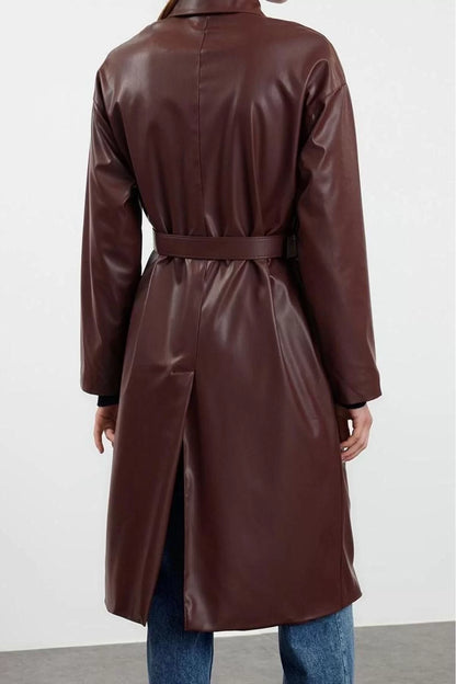 Design Plain Lined Collar Long Regular Jacket Women Faux Leather Regular Trench Coat