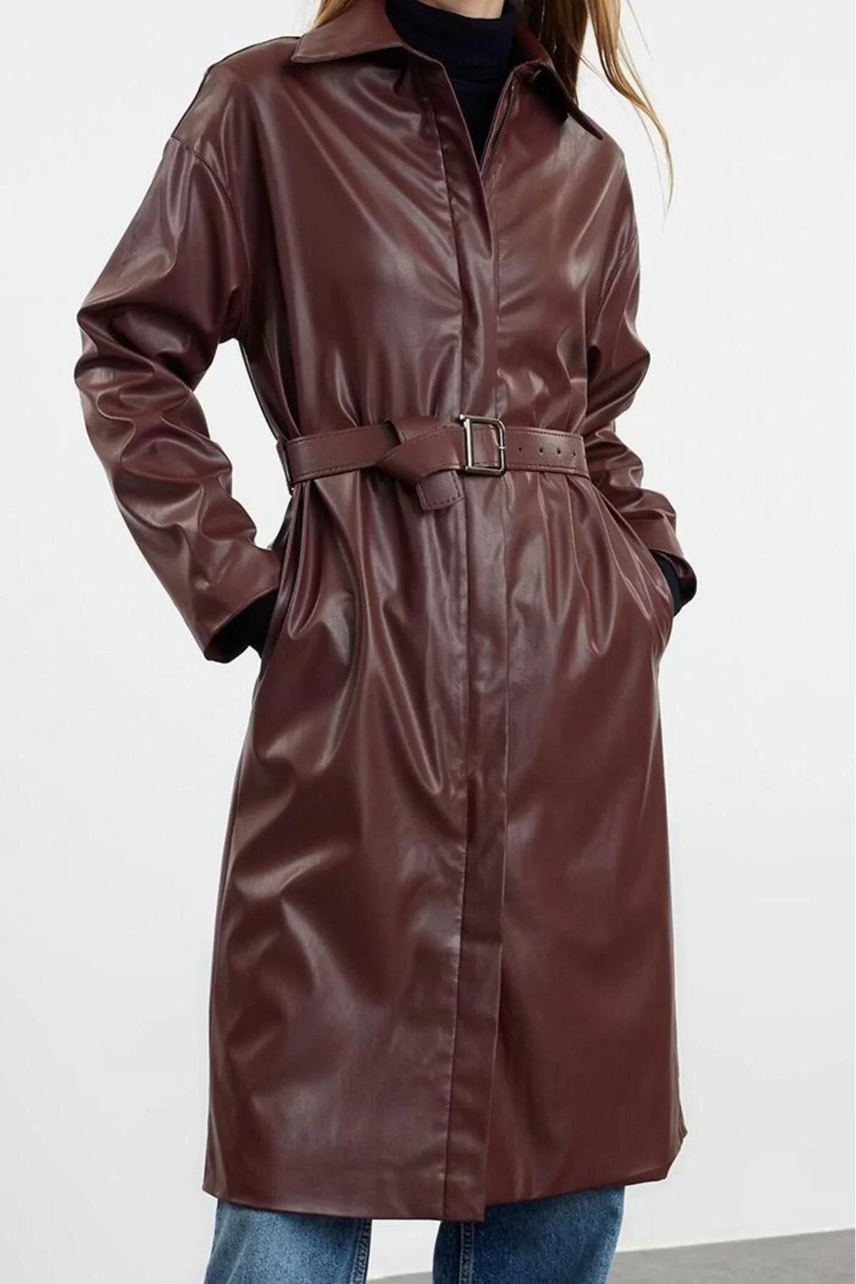 Design Plain Lined Collar Long Regular Jacket Women Faux Leather Regular Trench Coat