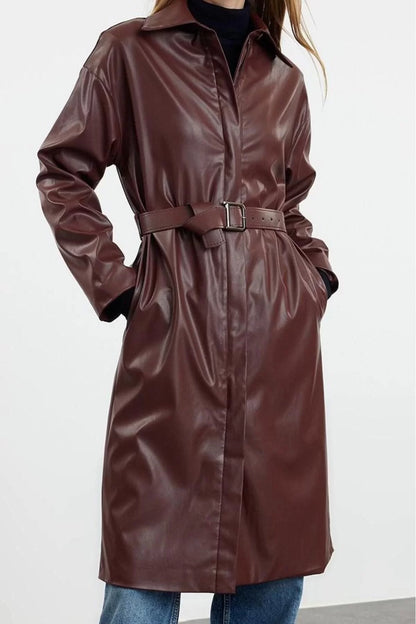 Design Plain Lined Collar Long Regular Jacket Women Faux Leather Regular Trench Coat