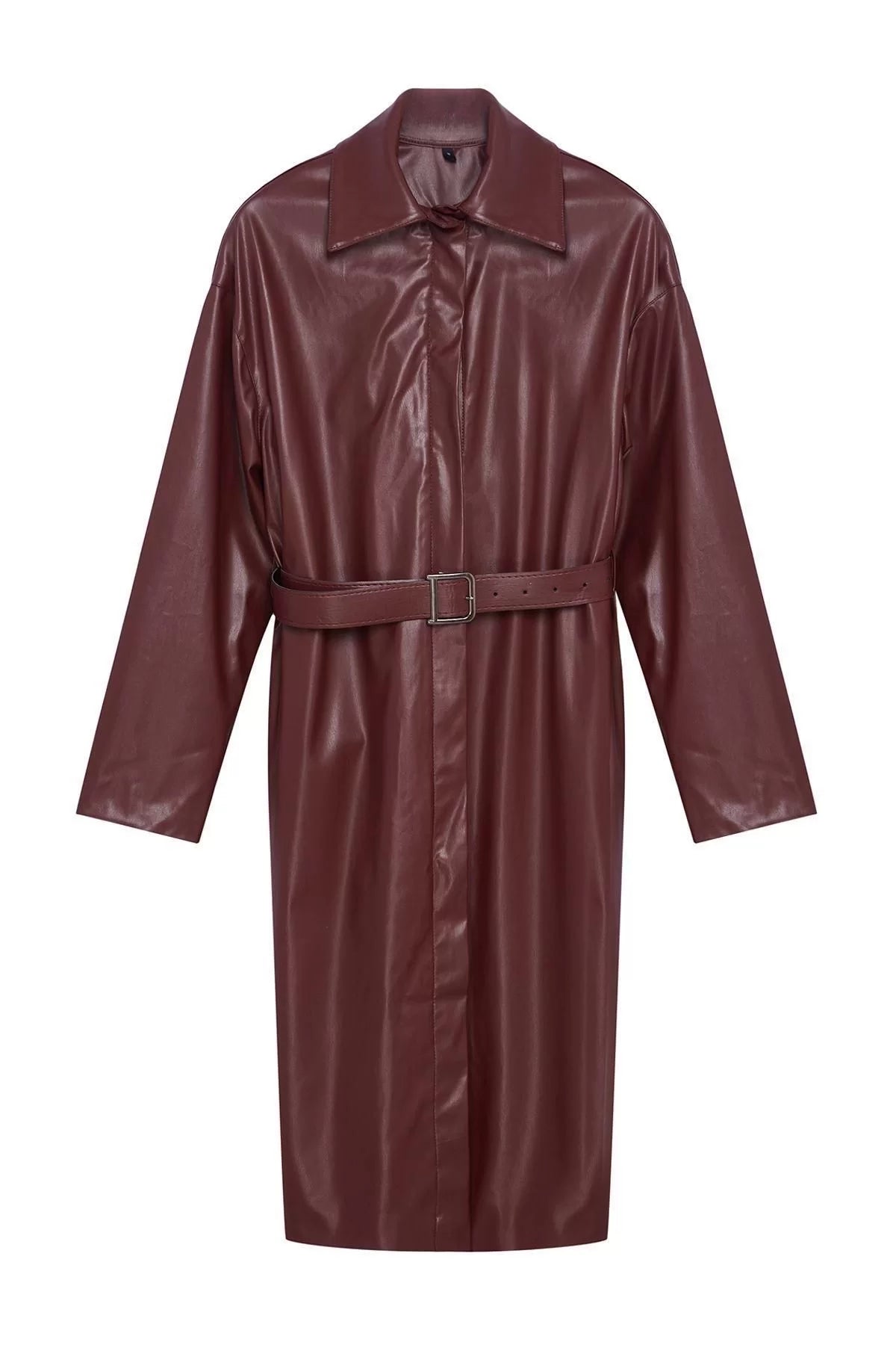 Design Plain Lined Collar Long Regular Jacket Women Faux Leather Regular Trench Coat