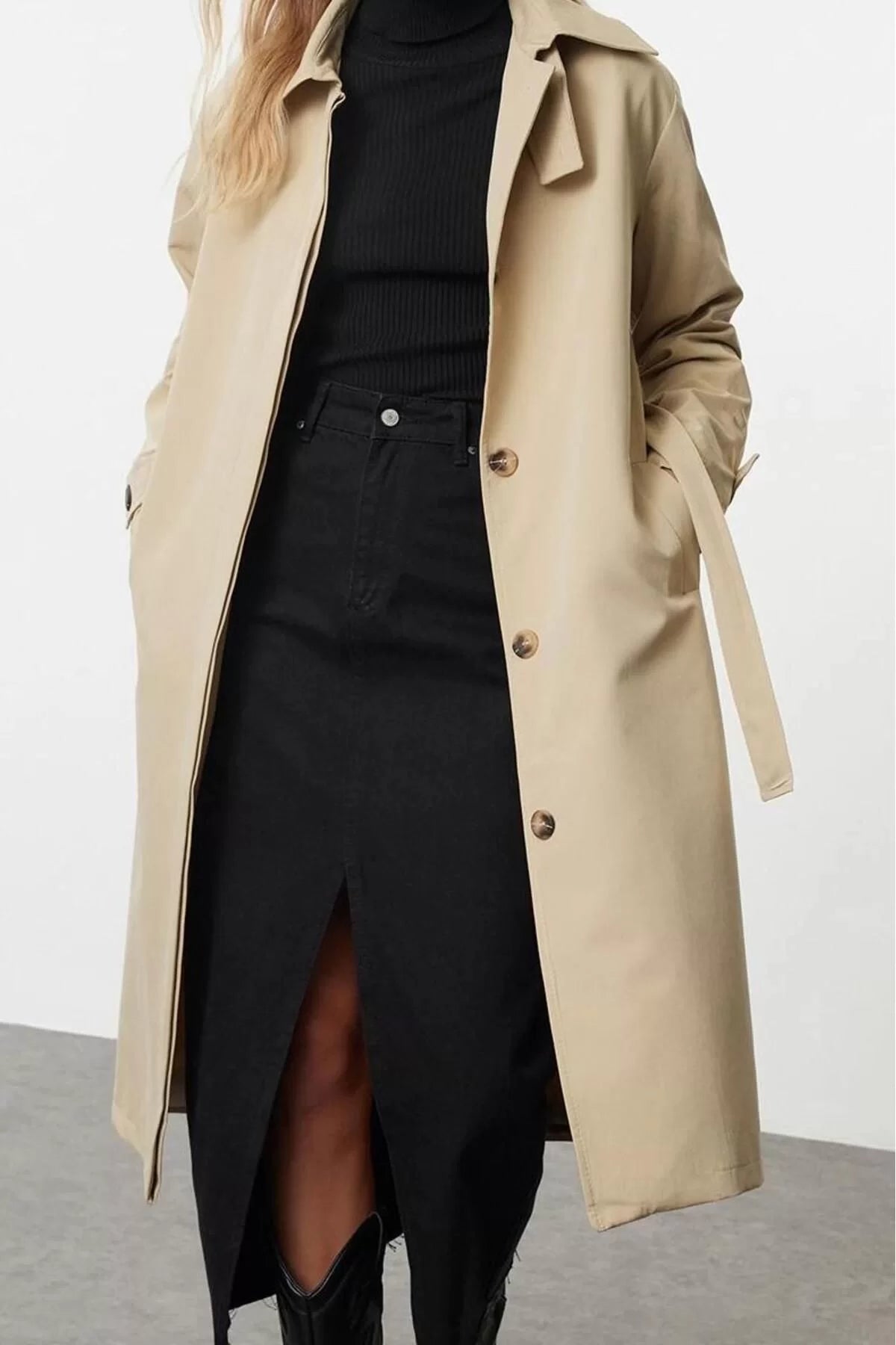 Design Plain Lined Collar Long Oversize Standing Collar Detailed Oversize Long Trench Coat for Women