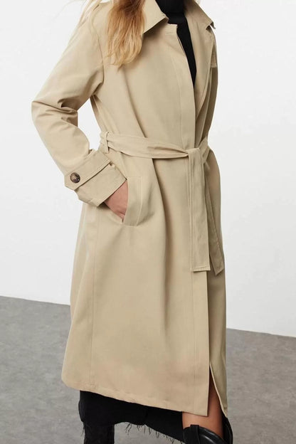 Design Plain Lined Collar Long Oversize Standing Collar Detailed Oversize Long Trench Coat for Women