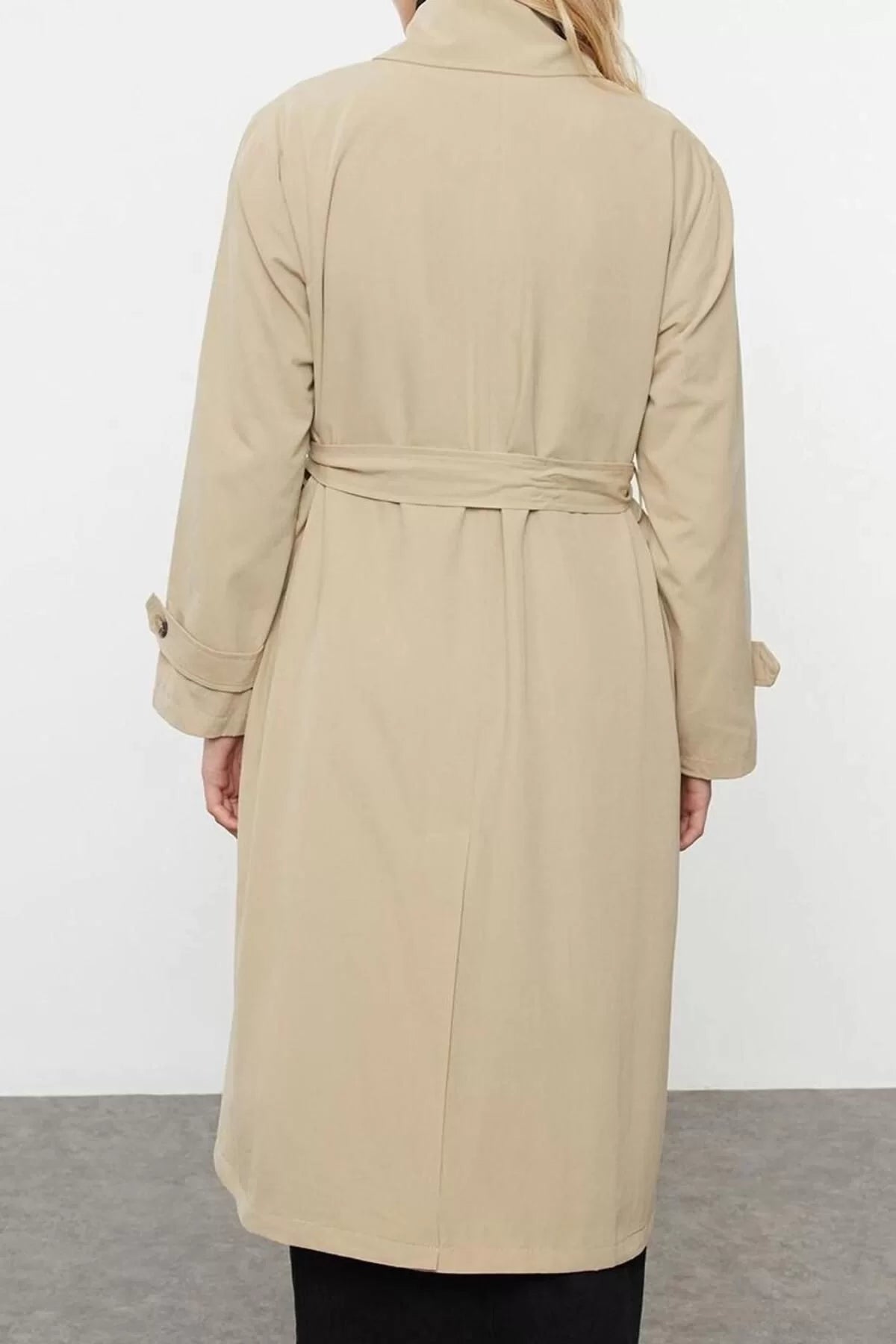 Design Plain Lined Collar Long Oversize Standing Collar Detailed Oversize Long Trench Coat for Women