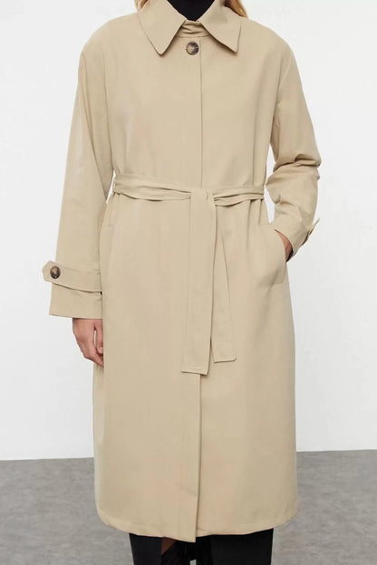 Design Plain Lined Collar Long Oversize Standing Collar Detailed Oversize Long Trench Coat for Women