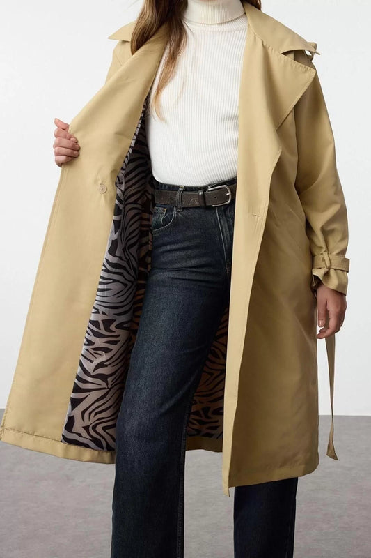 Design Lined Collar Long Regular Jacket Women Lined Patterned Belted Regular Long Trench Coat