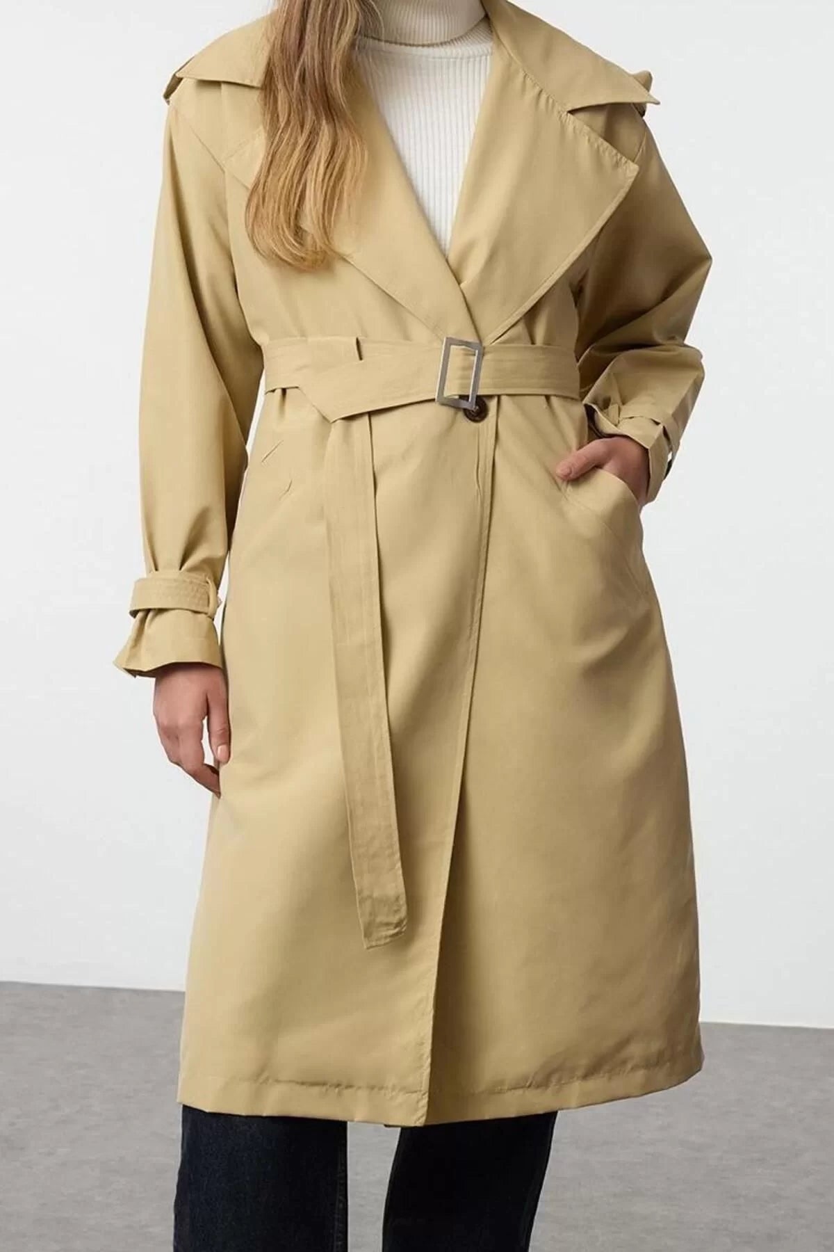 Design Lined Collar Long Regular Jacket Women Lined Patterned Belted Regular Long Trench Coat