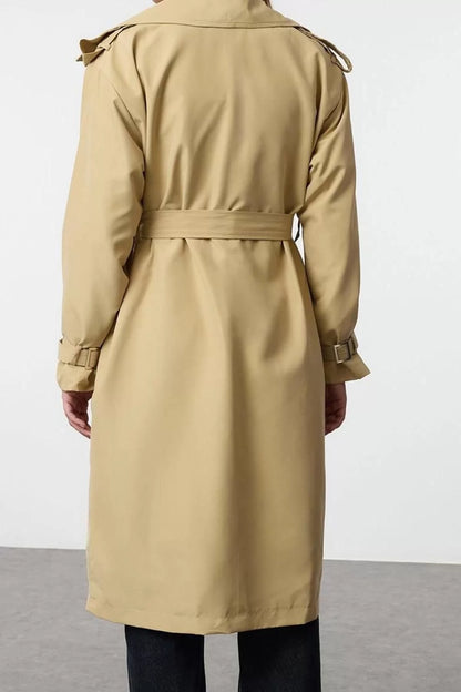 Design Lined Collar Long Regular Jacket Women Lined Patterned Belted Regular Long Trench Coat