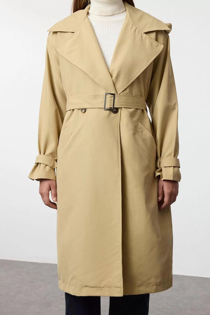 Design Lined Collar Long Regular Jacket Women Lined Patterned Belted Regular Long Trench Coat