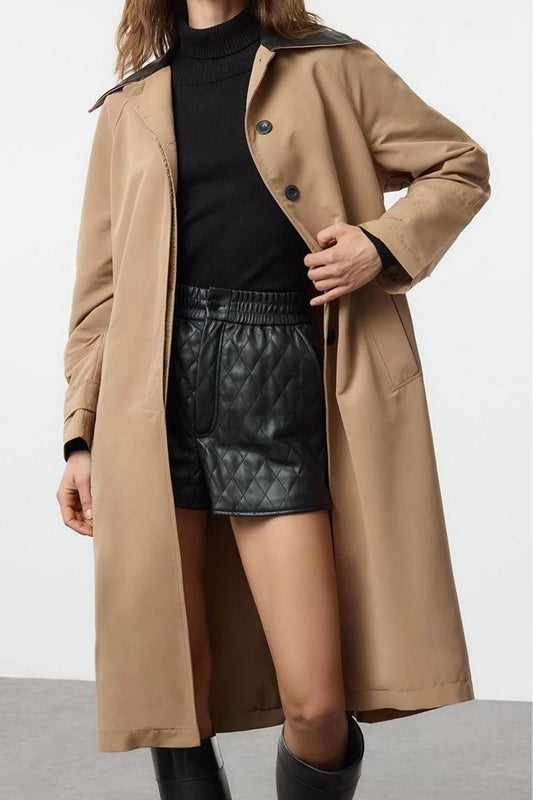 Design Plain Lined Collar Long Regular Shirt Women Regular Belted Faux Leather Detailed Long Trench Coat