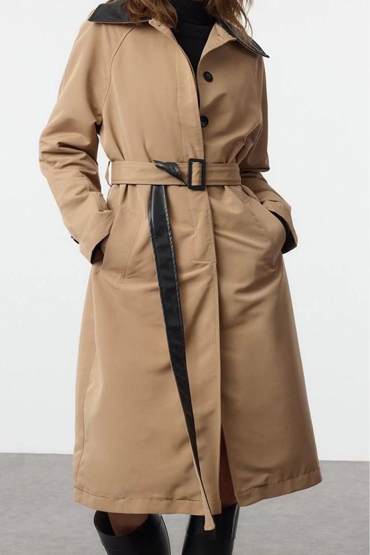 Design Plain Lined Collar Long Regular Shirt Women Regular Belted Faux Leather Detailed Long Trench Coat