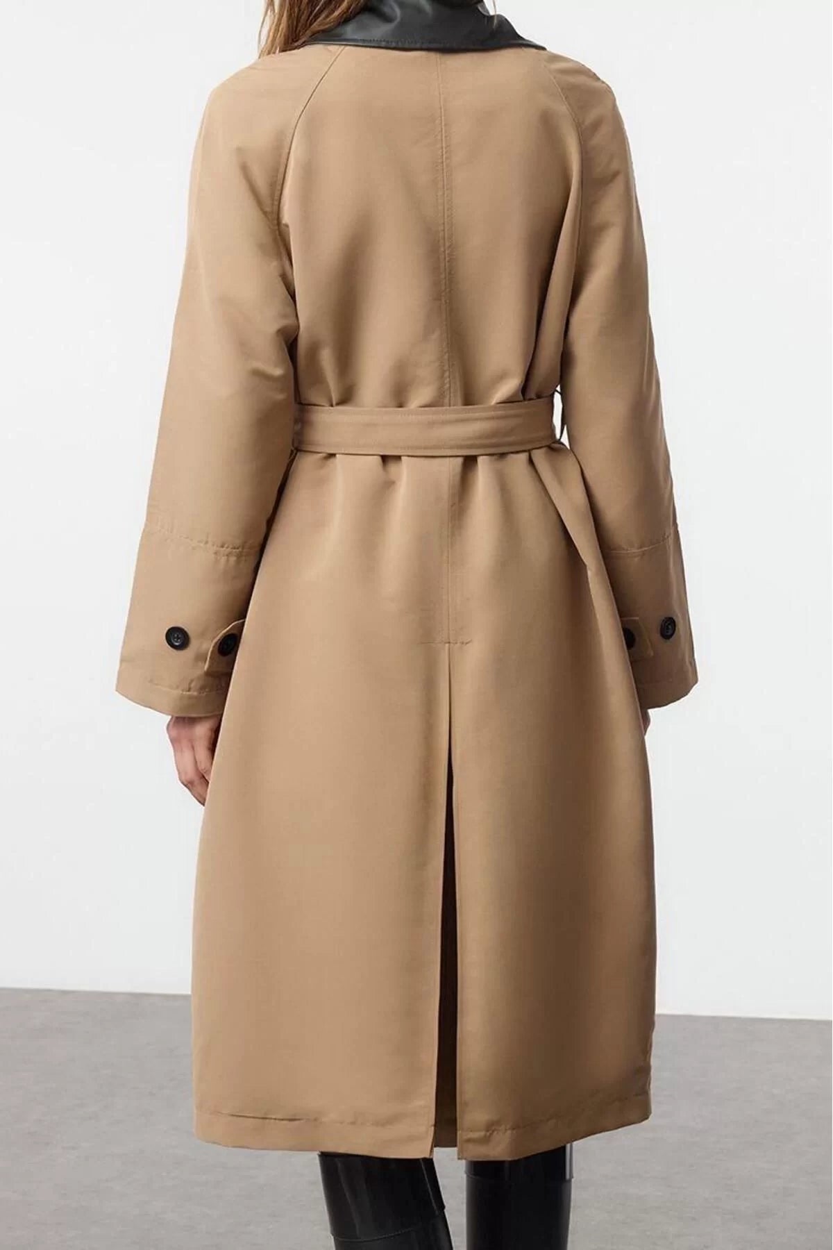 Design Plain Lined Collar Long Regular Shirt Women Regular Belted Faux Leather Detailed Long Trench Coat