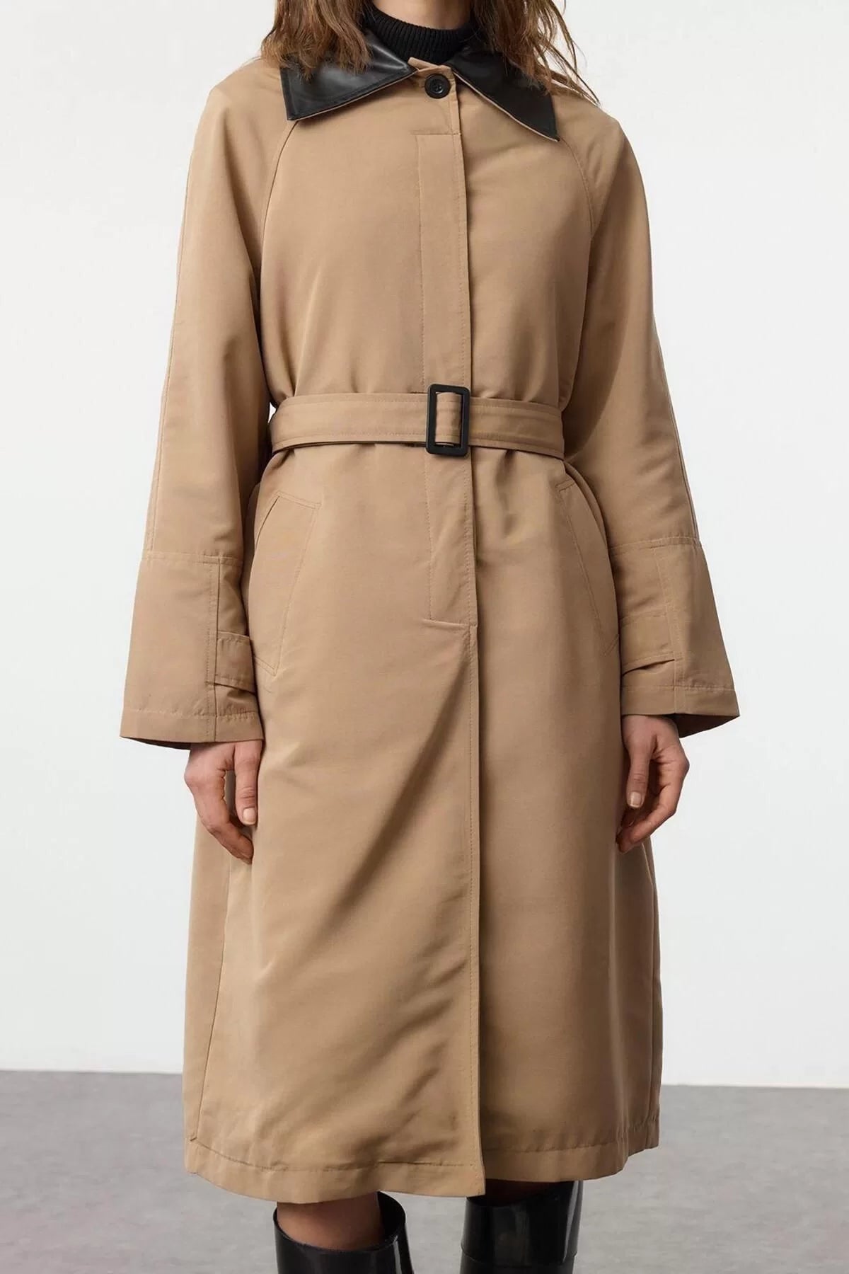 Design Plain Lined Collar Long Regular Shirt Women Regular Belted Faux Leather Detailed Long Trench Coat