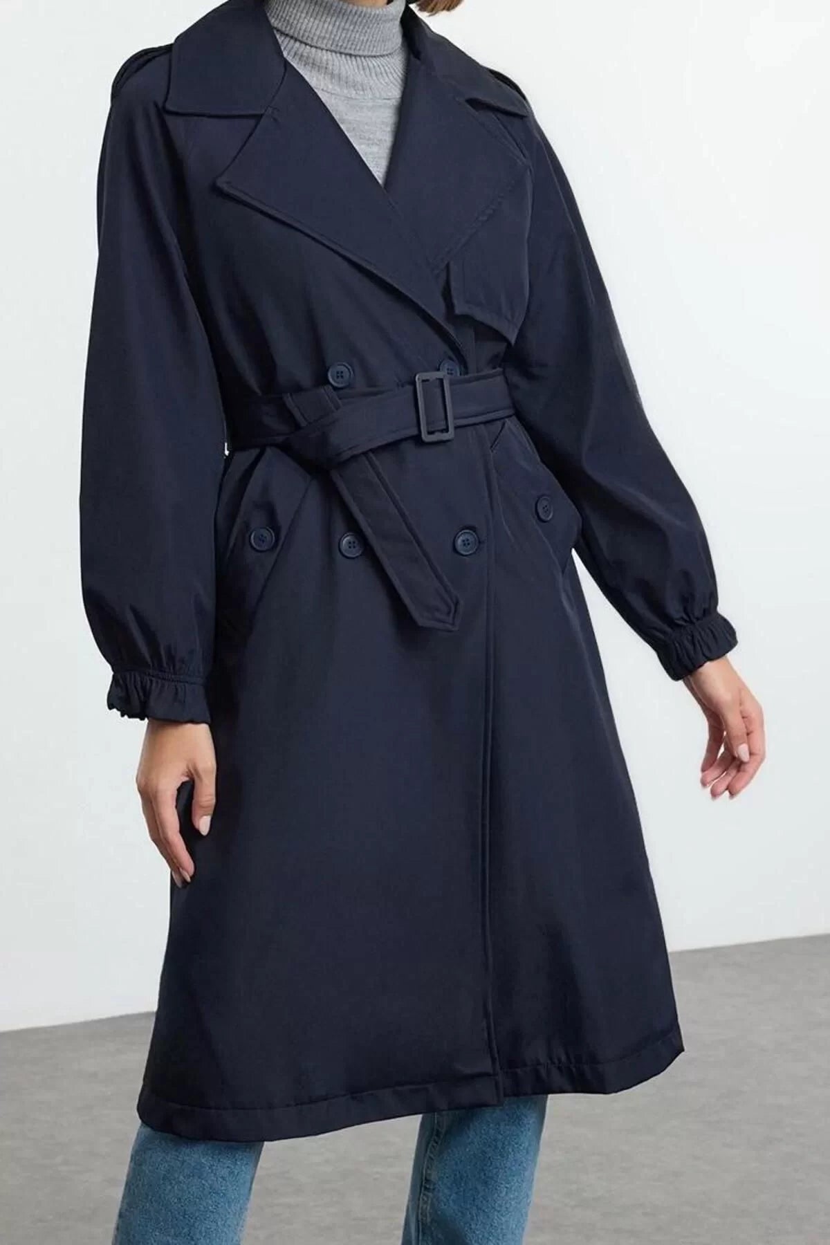 Design Plain Lined Collar Long Oversize Jacket Women Navy Blue Belted Oversize Long Trench Coat