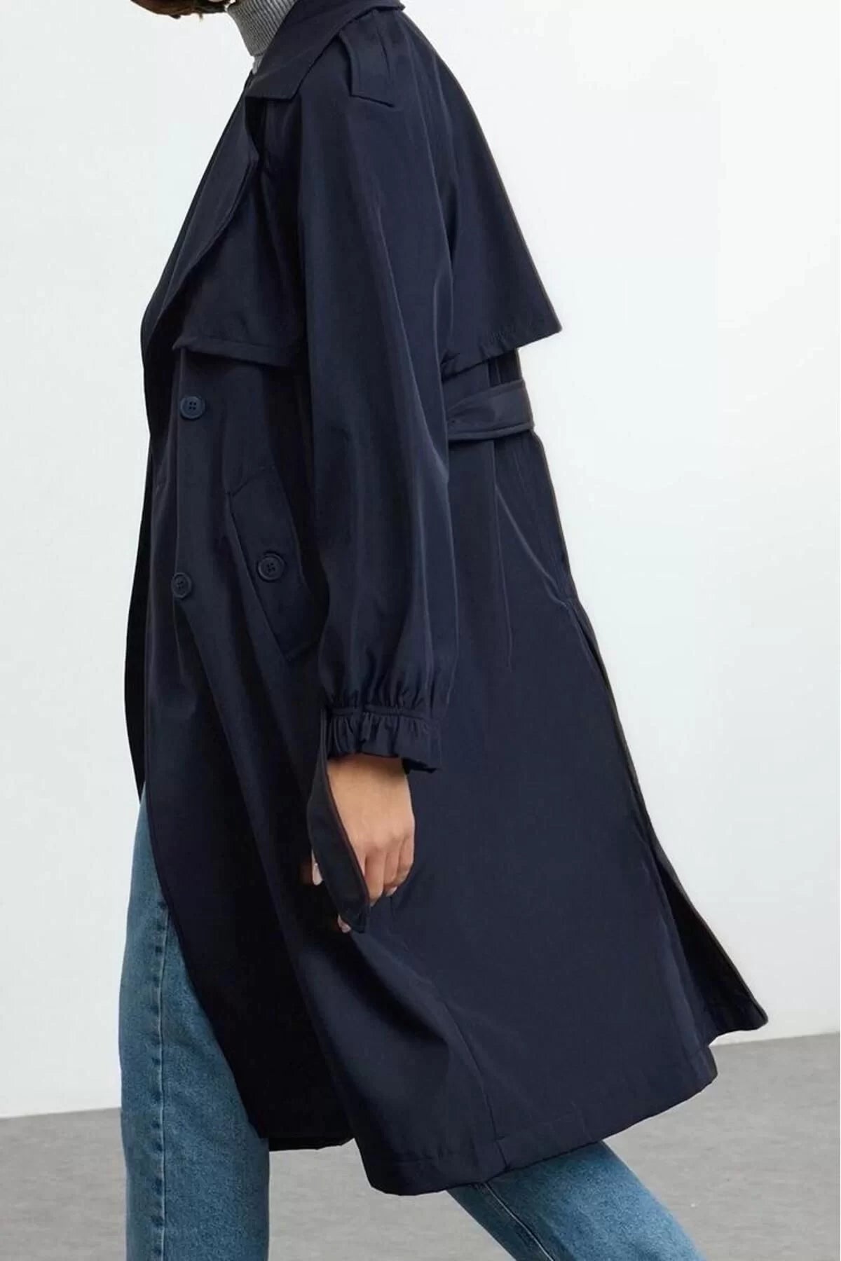 Design Plain Lined Collar Long Oversize Jacket Women Navy Blue Belted Oversize Long Trench Coat