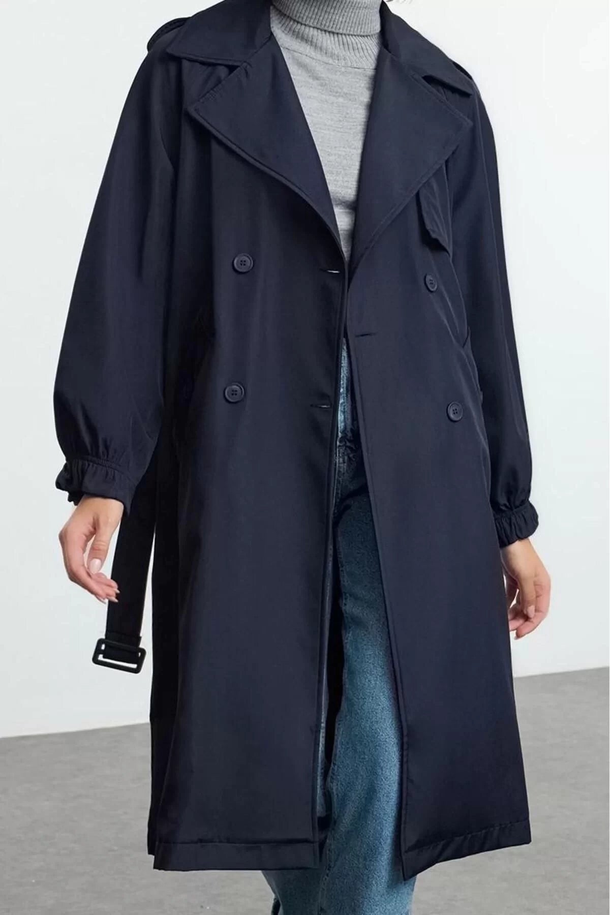 Design Plain Lined Collar Long Oversize Jacket Women Navy Blue Belted Oversize Long Trench Coat